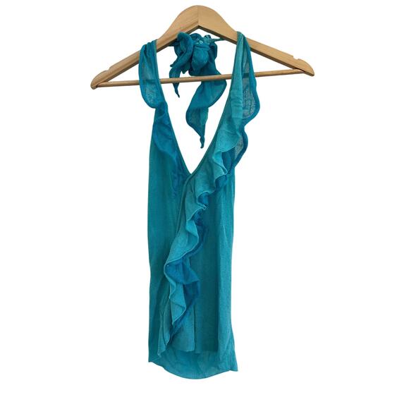Y2K Bebe Turquoise Halter Neck Ruffled Top Small Boho Fairy 90s Coquette Twee - Picture 4 of 16